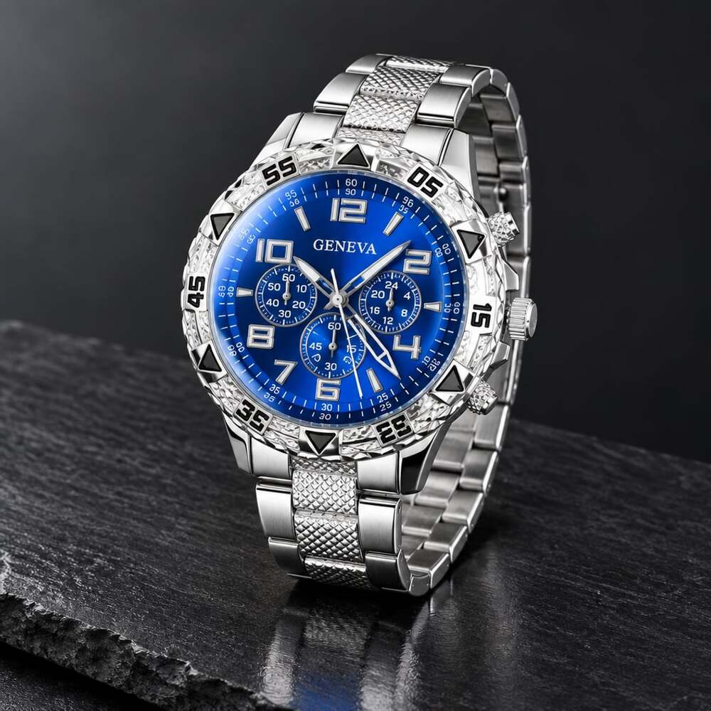 Geneva Blue Dial Silver Steel Quartz Chronograph Timepiece